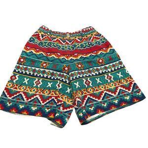 Vtg 90s High Waisted Pleated Denim Shorts Ladies 6 Green Red Aztec Southwestern